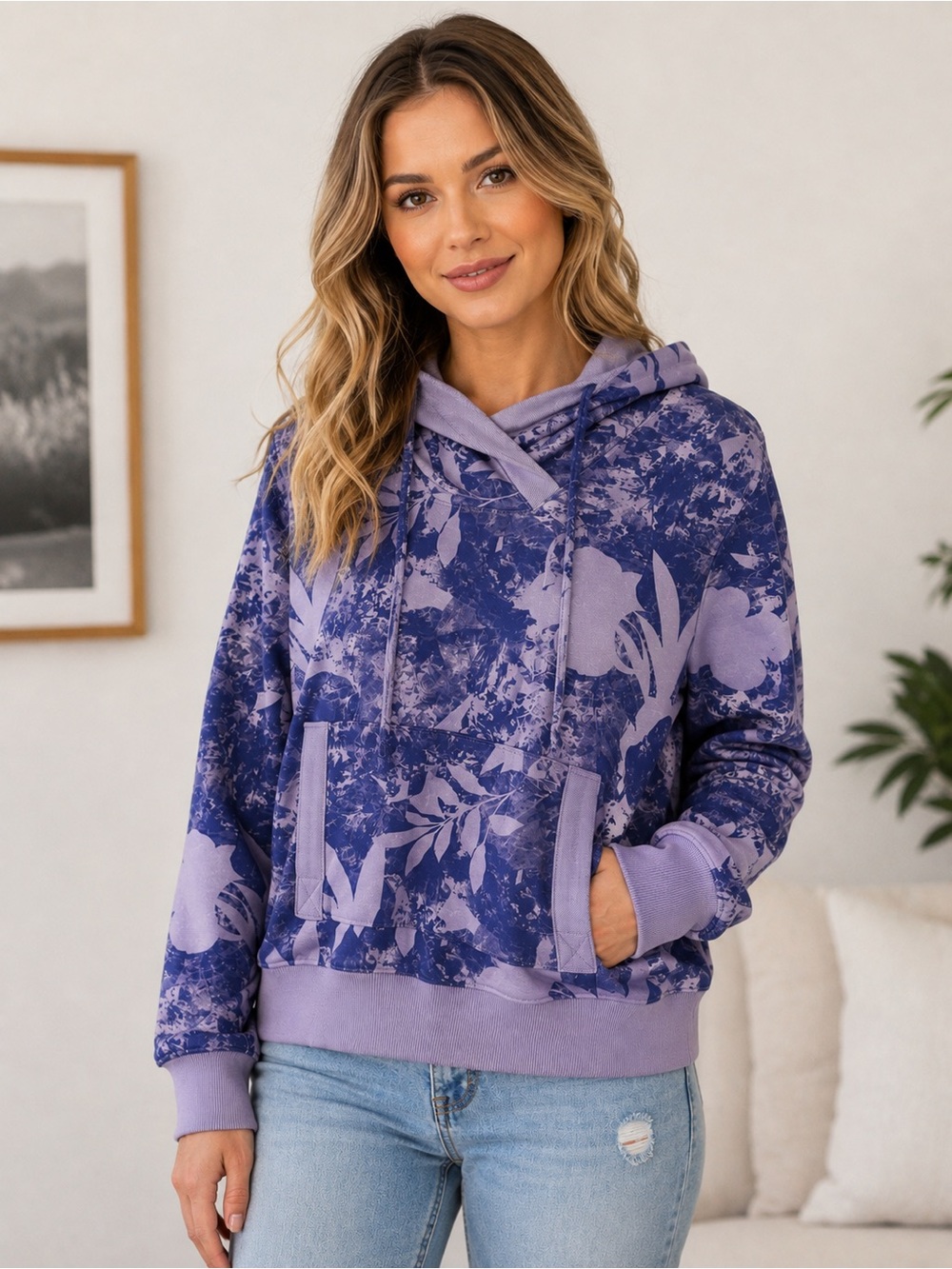 Columbia PFG Purple Blue Floral Tropical Print Hoodie Sweatshirt Size S